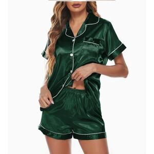 Womens Silk Satin Pajamas Set Loungewear Button-Down Pj Sets (Emerald)